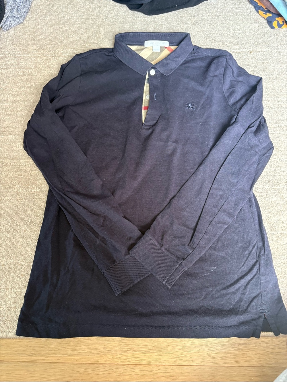 Burberry Black Long-Sleeve Button Down Polo with Signature Check Trim